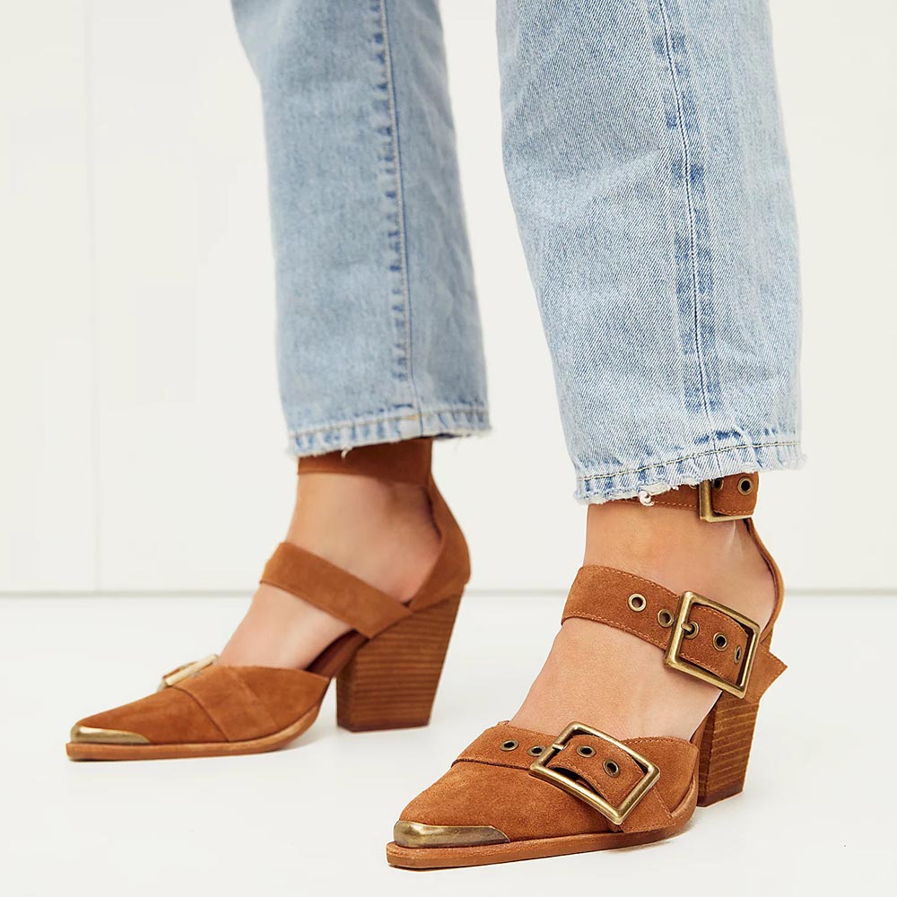 Brown Pointed Toe Chunky Heel Grommet Strap Buckle Pumps for Women Nicepairs