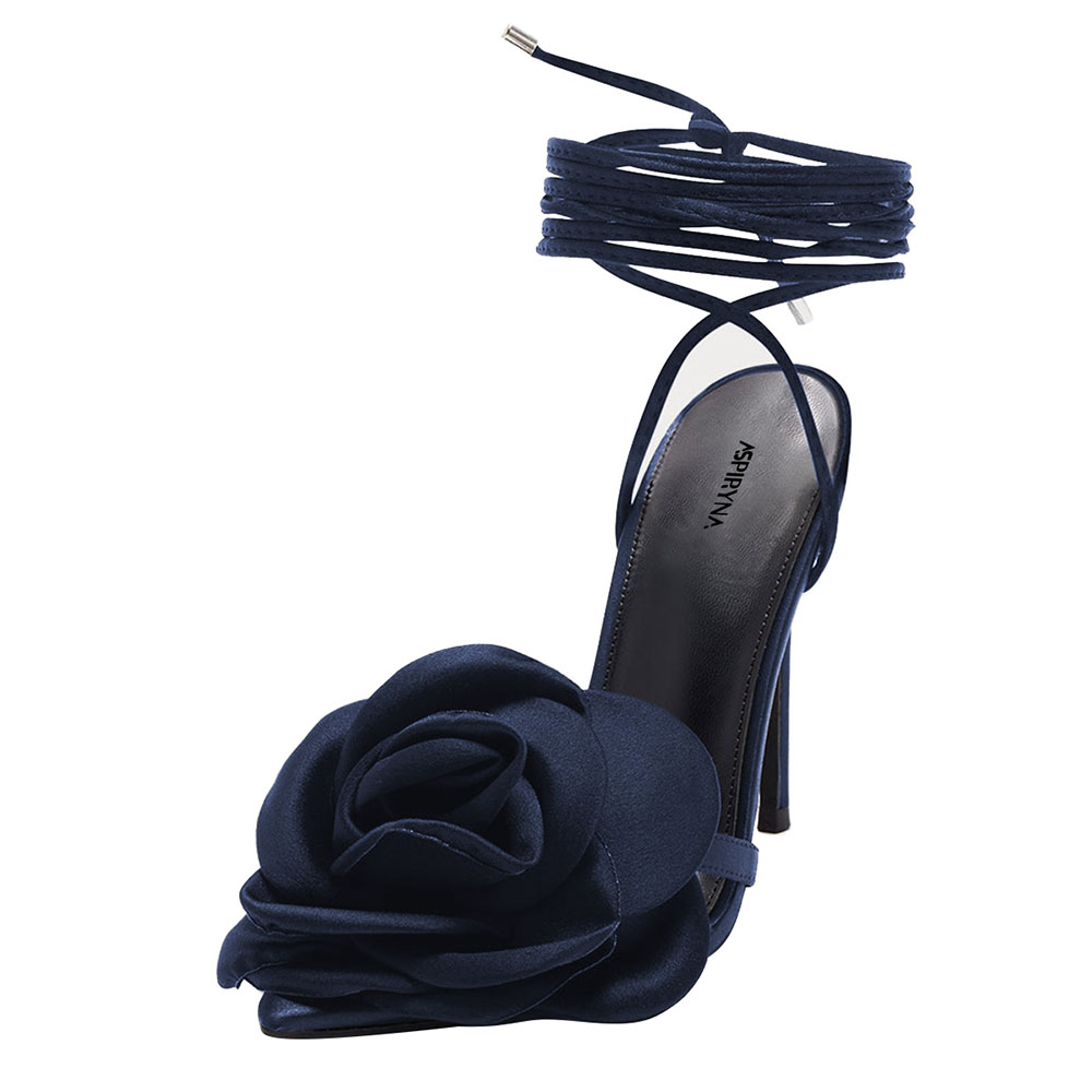 Satin Navy Blue Flower Stiletto Heel Dress Sandals for Women Nicepairs