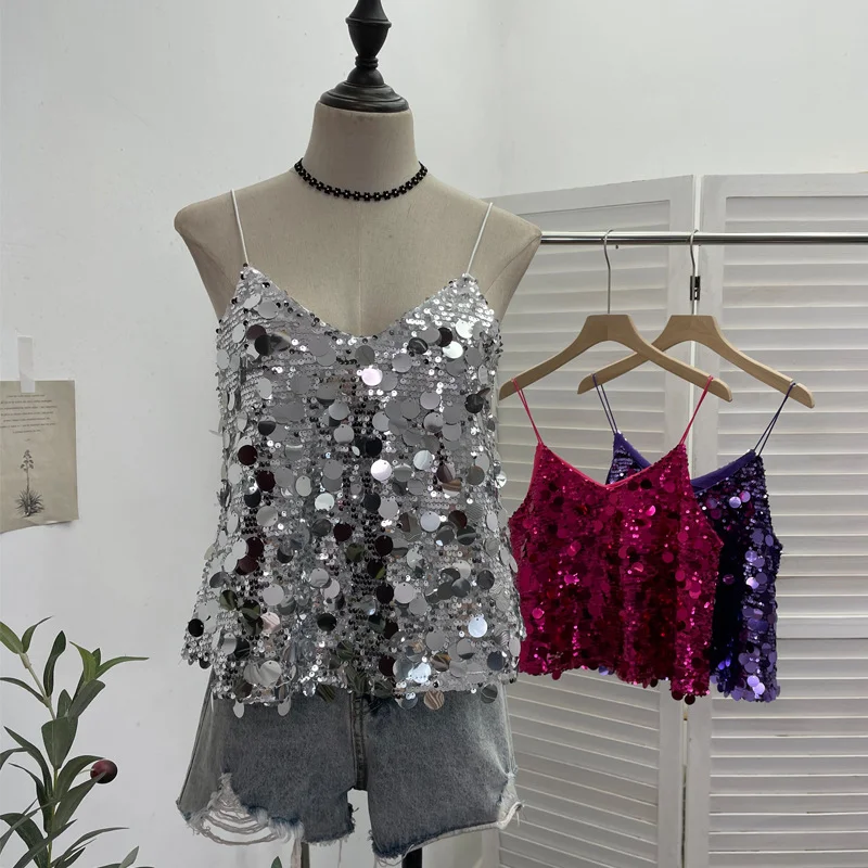 Nigikala Nigikala Shoot Hottie Sexy Night Club Heavy Bling Flash Shiny V Tie Sling Vest Sleeveless Top 3032