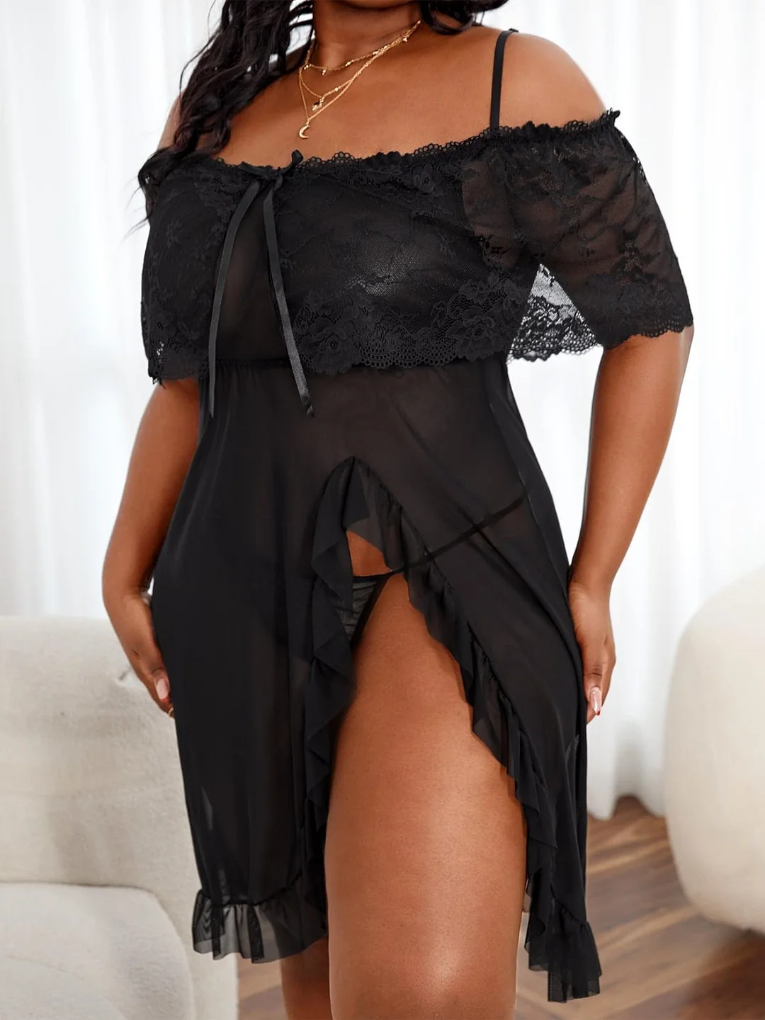 Contrast Lace Ruffle Trim Slips With Thong