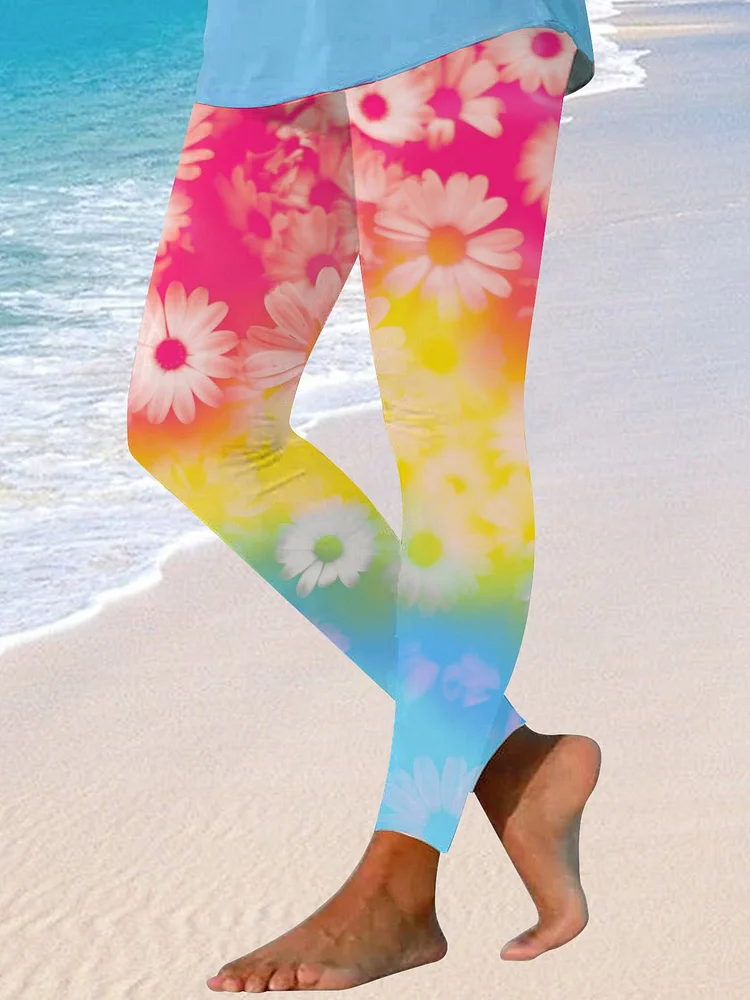Women's Tie-Dye Ombre Floral Print Beach Leggings-mysite