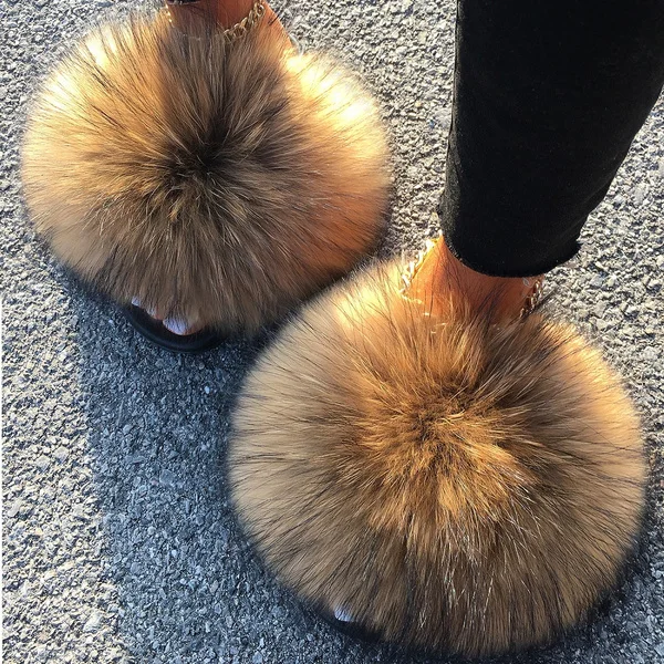 Real Fox Fur Slides For Women Furry Plush Slippers Raccoon Fur Furry Sandals Female Cute Fluffy Flip Flops Shoes