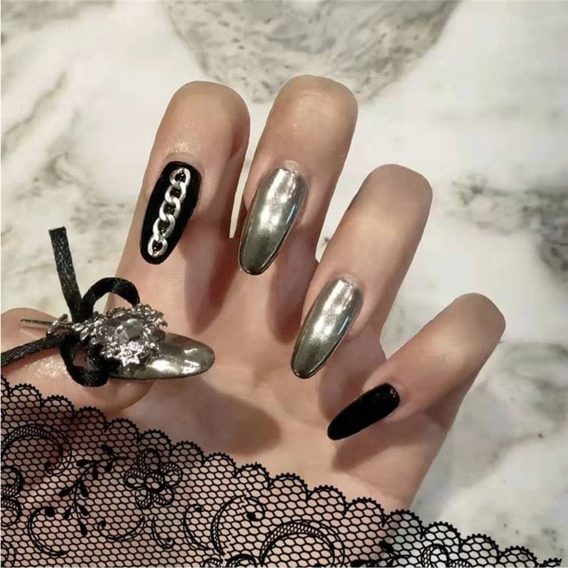 24pcs/boxed full cover nail tips black and gray soot bow wear nail style oval head acrylic artificial nails with glue for girls