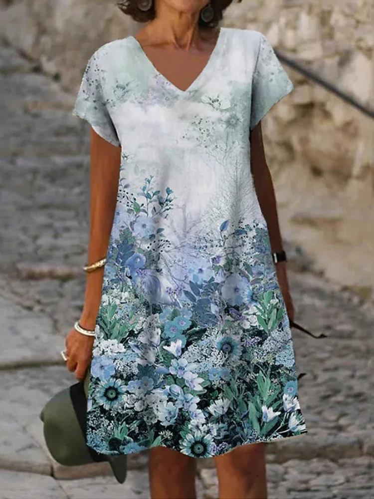 Floral Art Print Short Sleeve V Neck Mini Dress