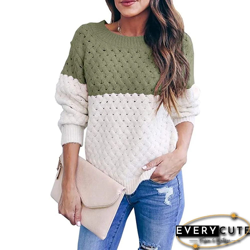 Green Colorblock Hollow-out Pullover Sweater