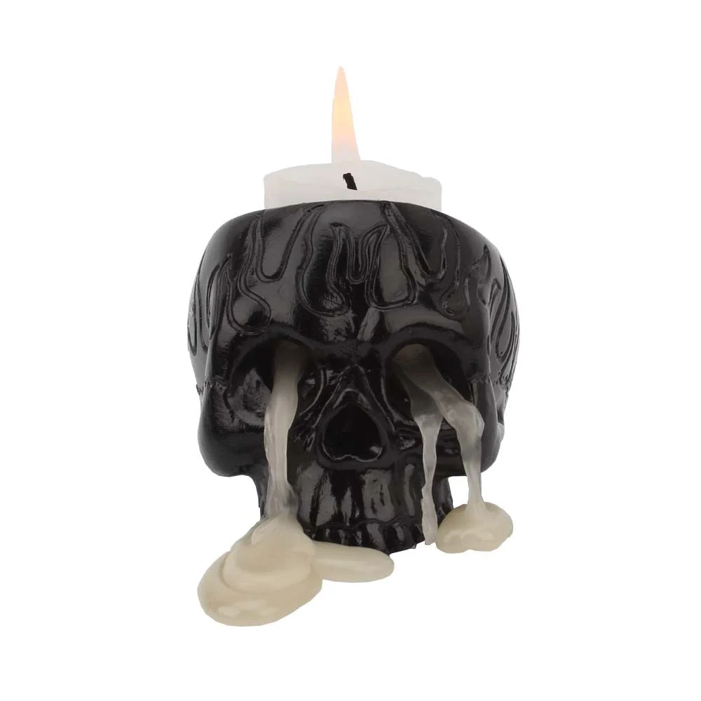Halloween Black Skull Candle Holder Wax Flows Through The Eyes