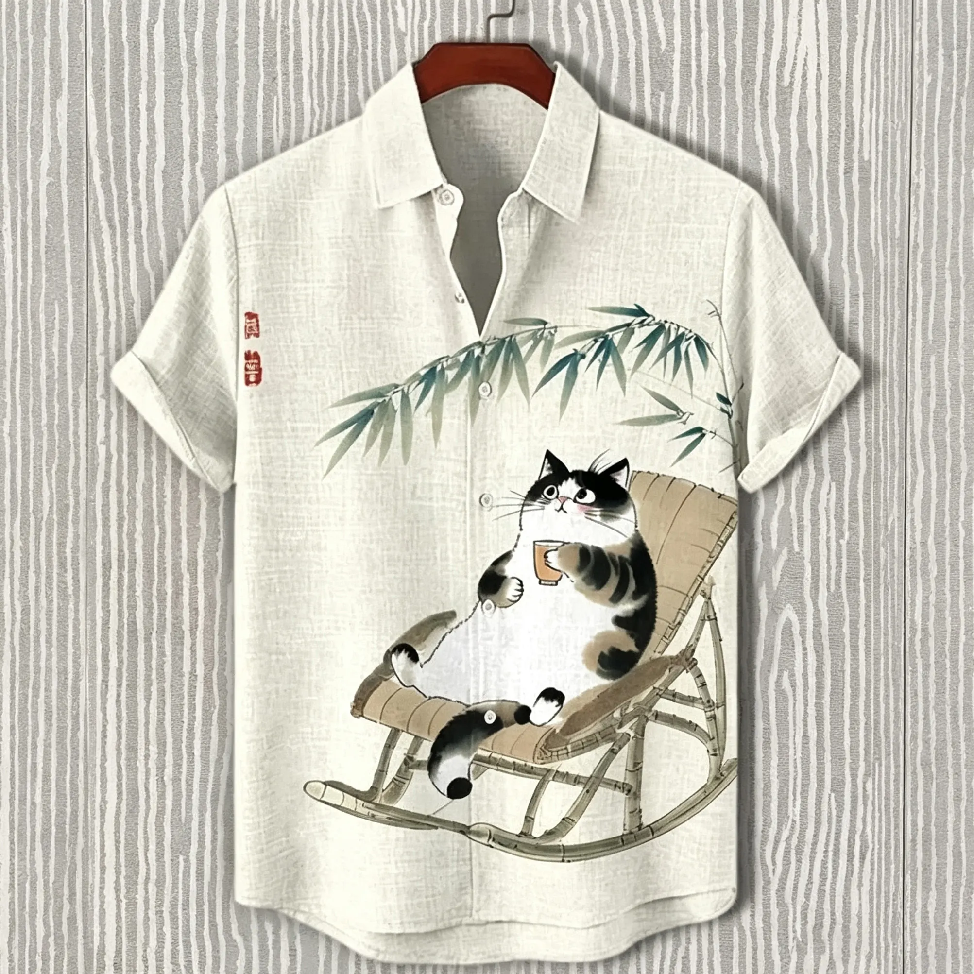 Men's Retro Japanese Style Fun Cat Pattern Linen Blend Short-sleeve Shirt  artssus
