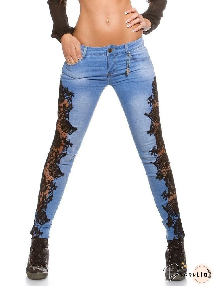 Lace Floral Crochet Cutout Elegant Sexy Denim Pencil Skinny Jeans