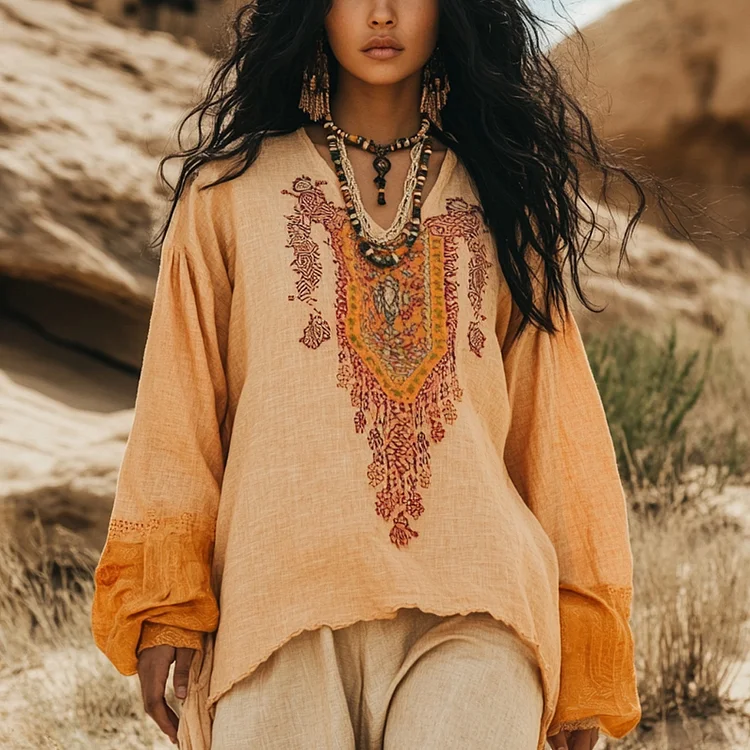 Desert Style Holiday Bohemian Vintage Linen Casual Top