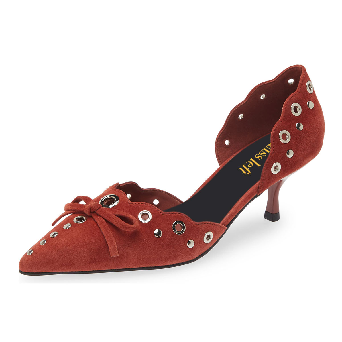 Red Vegan Suede Pointed Toe Kitten Heel Pumps Shoes with Bow Nicepairs