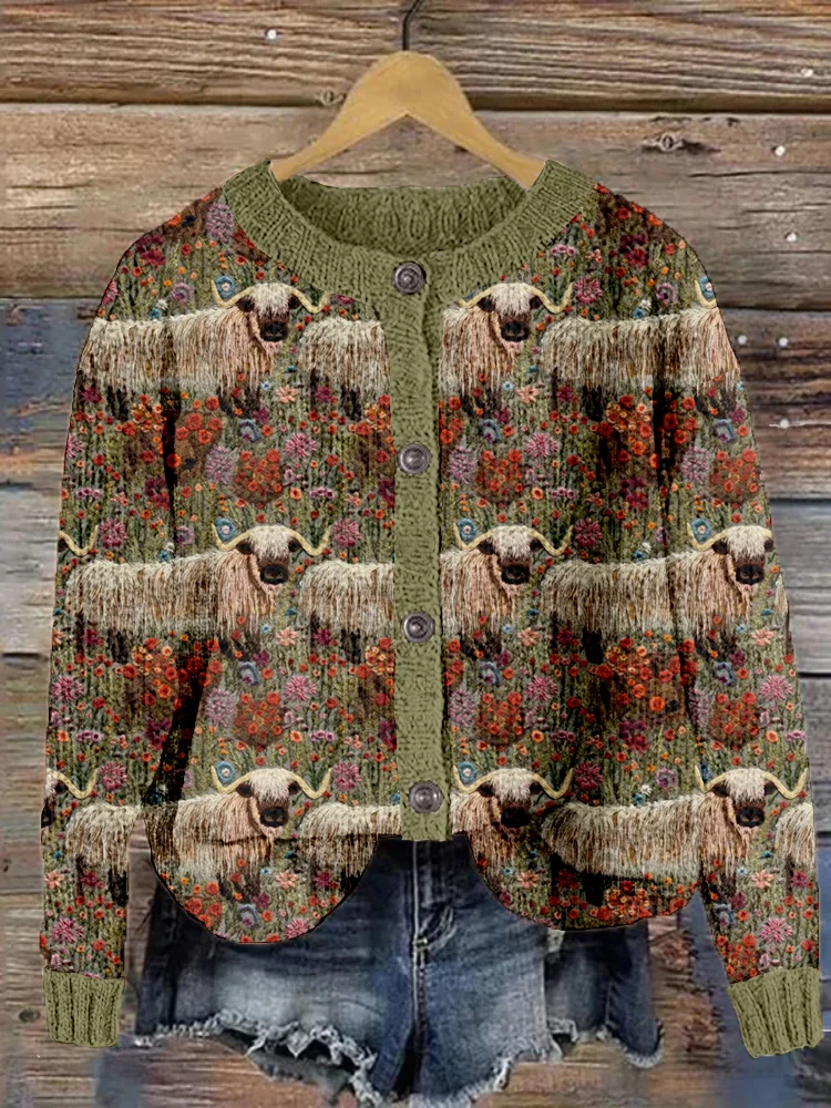 VChics Highland Cow with Flowers Embroidery Art Cozy Knit Cardigan