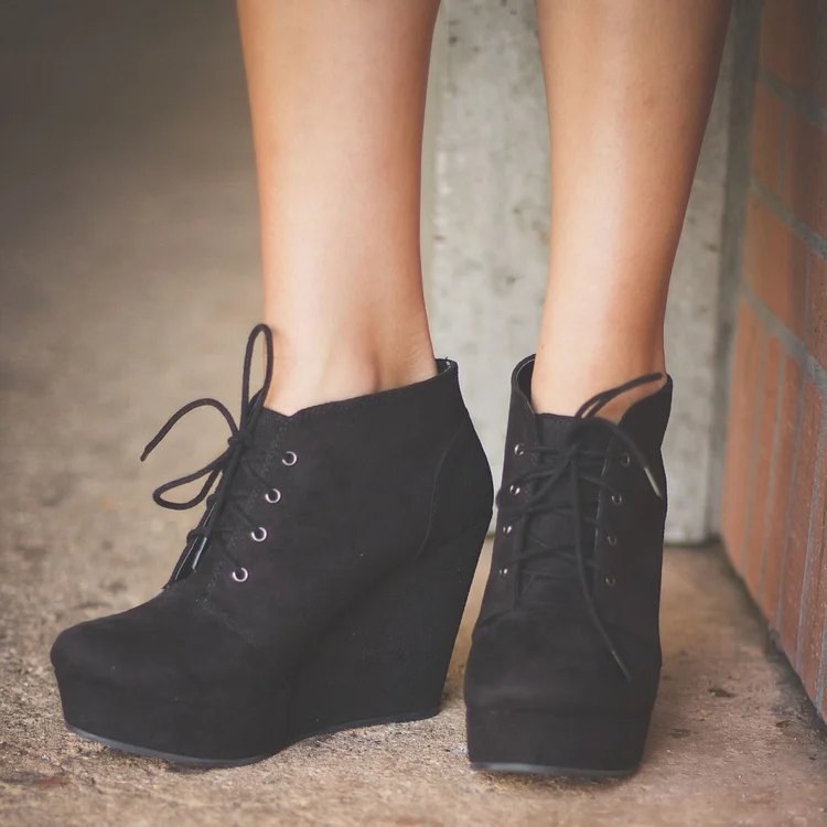 Black Vegan Suede Platform Wedge Booties Lace Up Ankle Boots |FSJ Shoes
