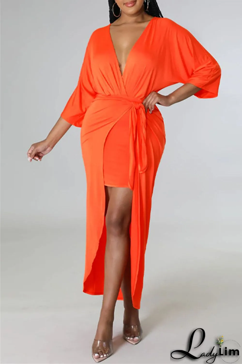 Burgundy Fashion Casual Solid Patchwork V Neck Irregular Dress