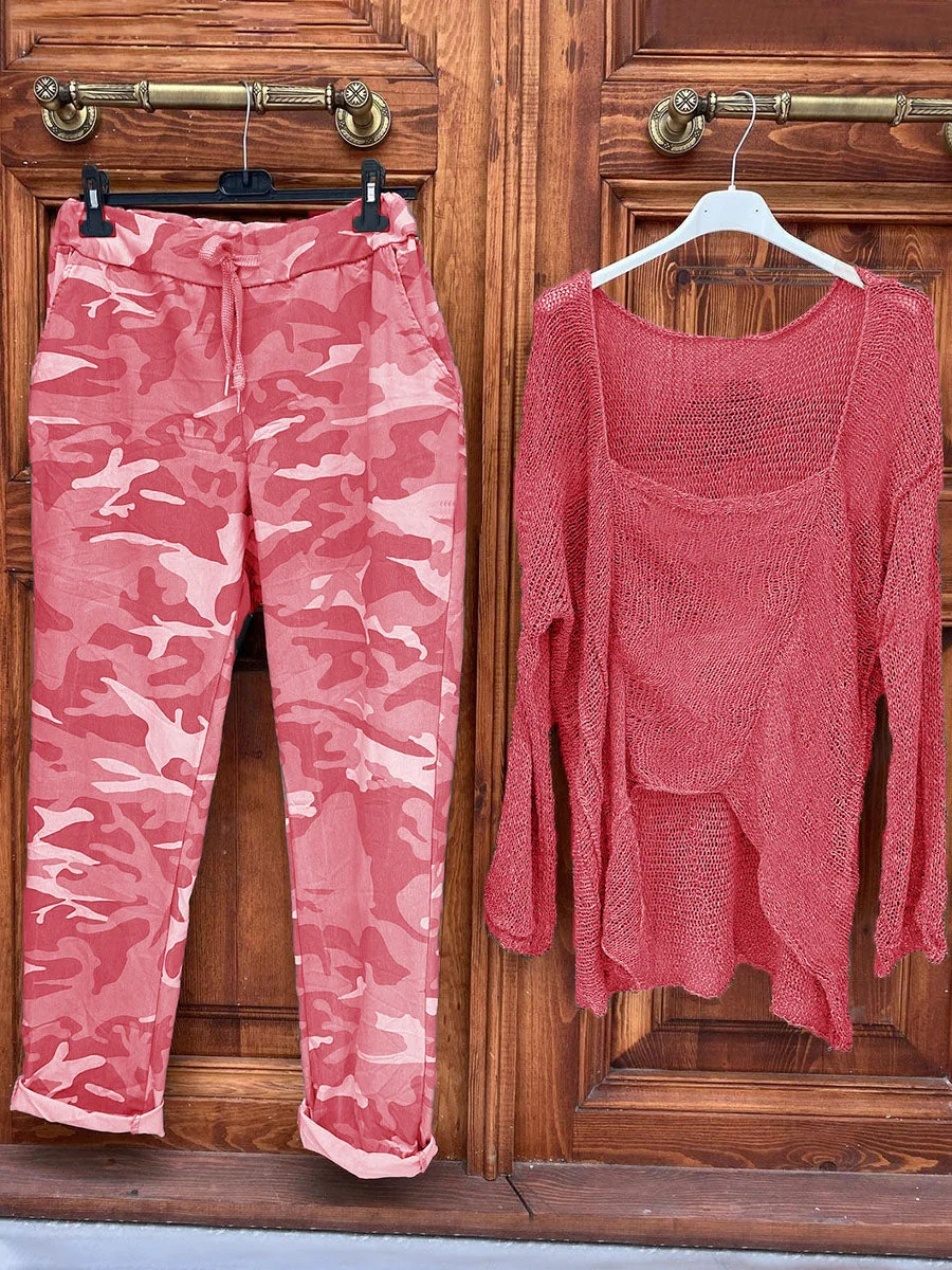 Square Collar Knitted Top And Camouflage Pants Set