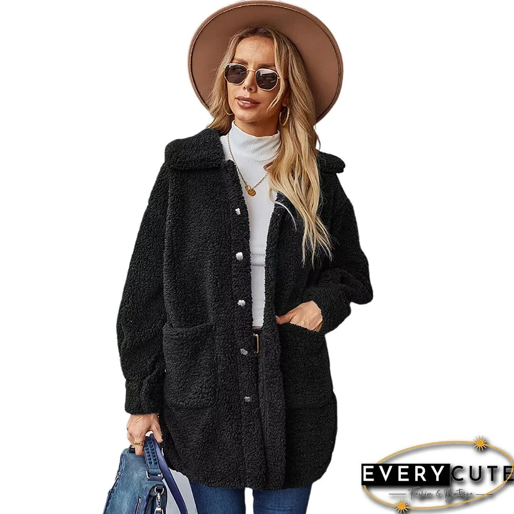 Black Double-sided Velvet Buttoned Plush Warm Coat