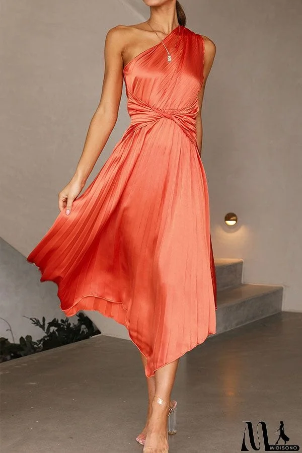 MidiSono - Satin One Shoulder Pleated Midi Dress