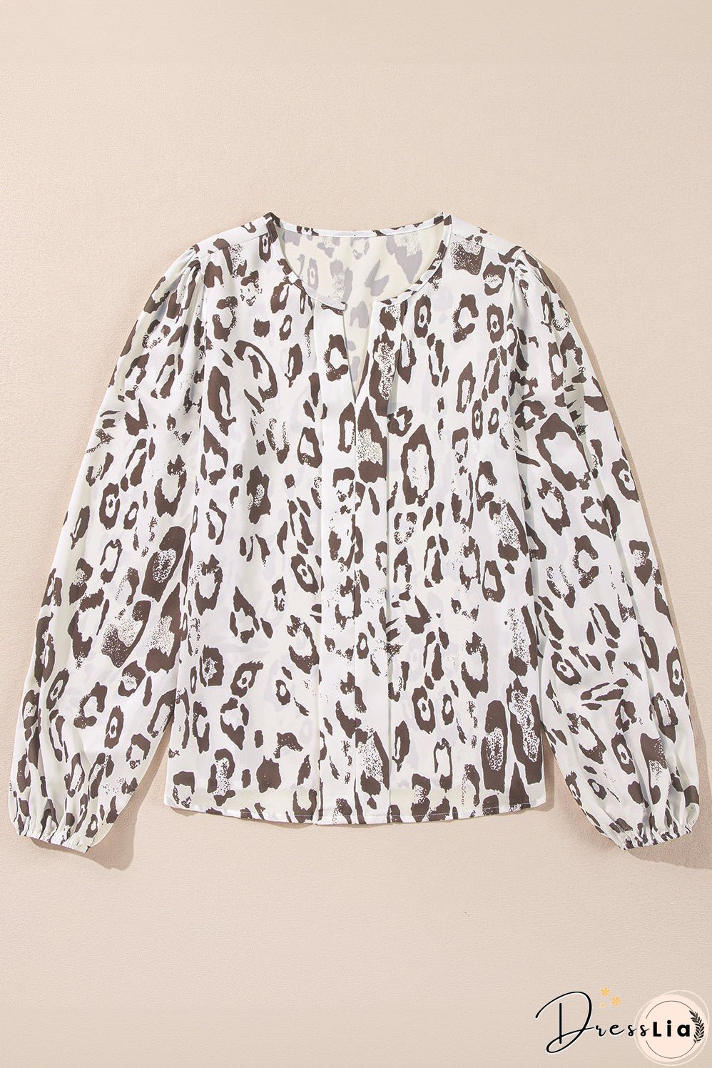 Khaki Leopard Print Split Neck Balloon Sleeve Blouse