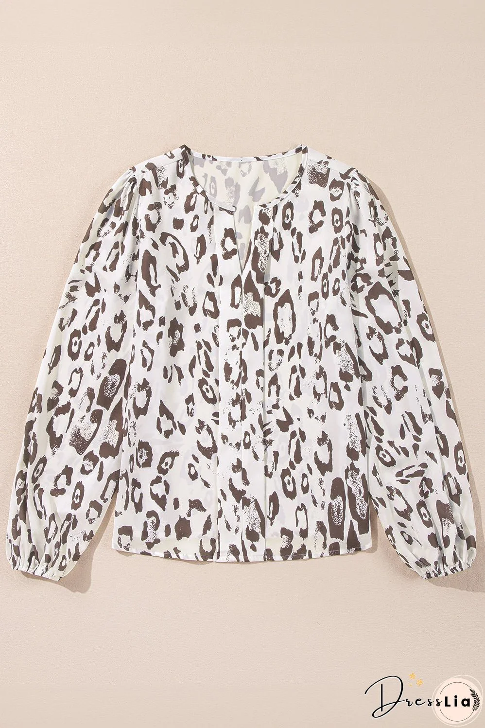 Khaki Leopard Print Split Neck Balloon Sleeve Blouse