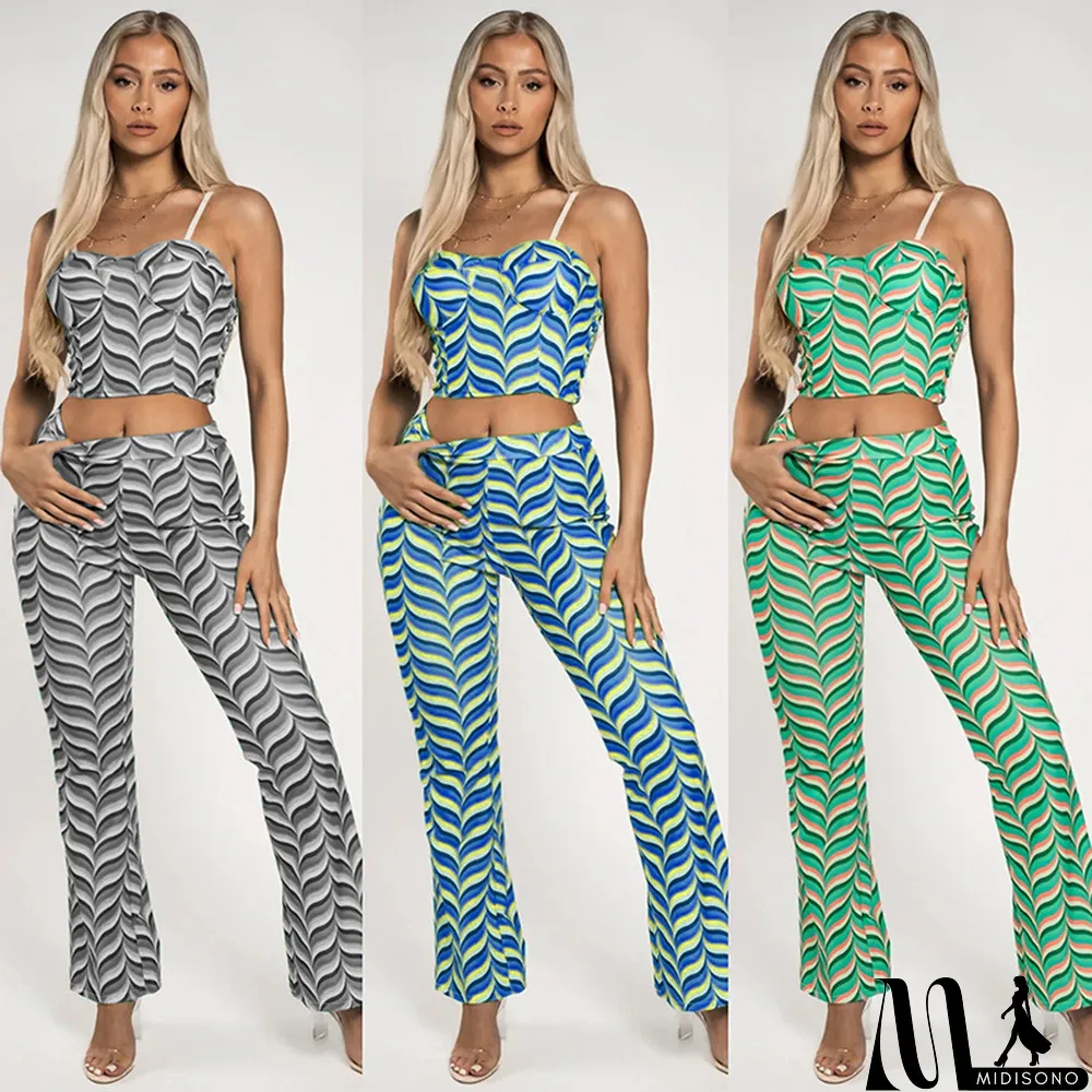 MidiSono - Women's Fashion Print Straps Backless Top Flared Pants Casual Two Piece Set