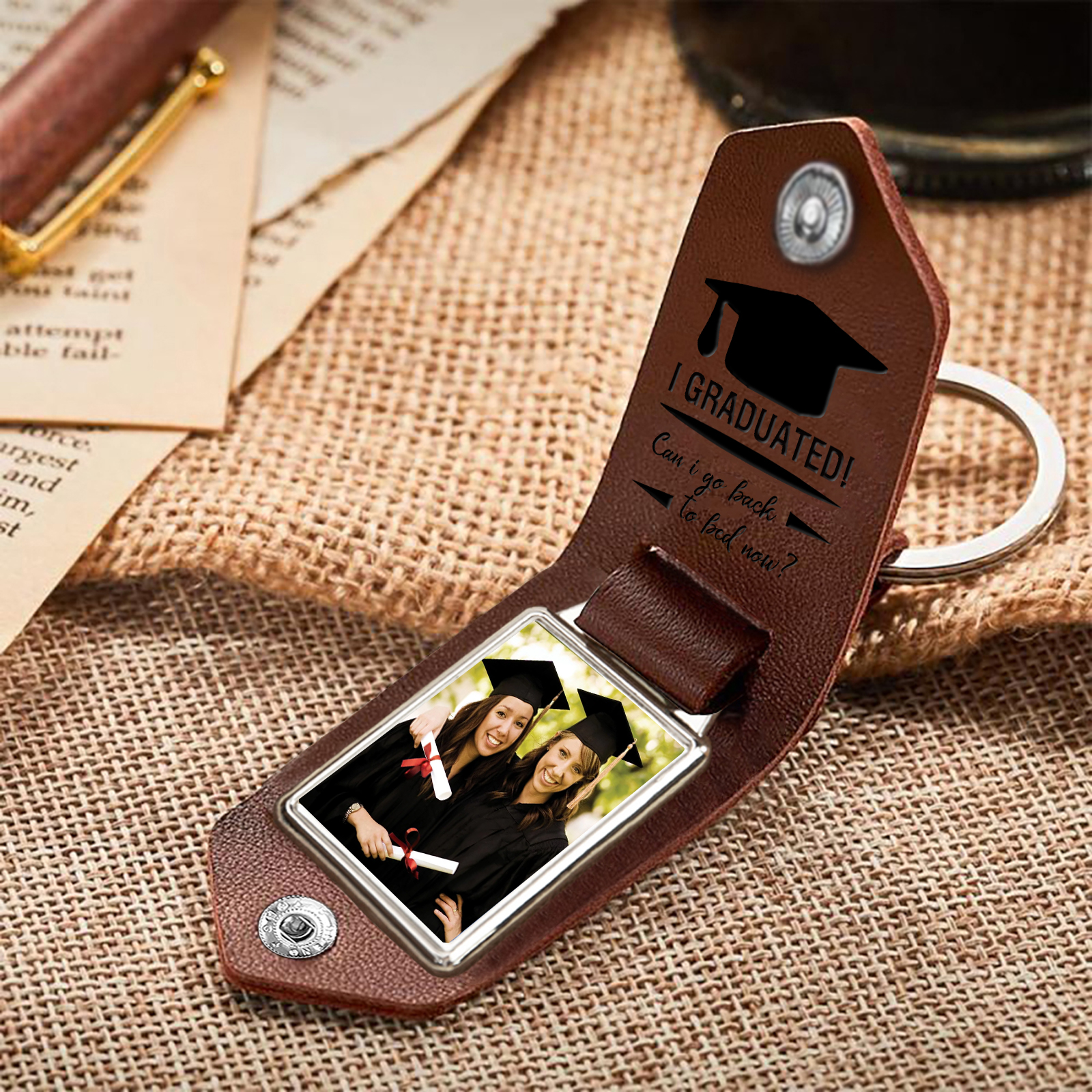 Personalised Graduation Leather Keychain Custom Name & Photo Keychain Graduation Gift - Can I Go Back To Bed Now-Jessemade AU
