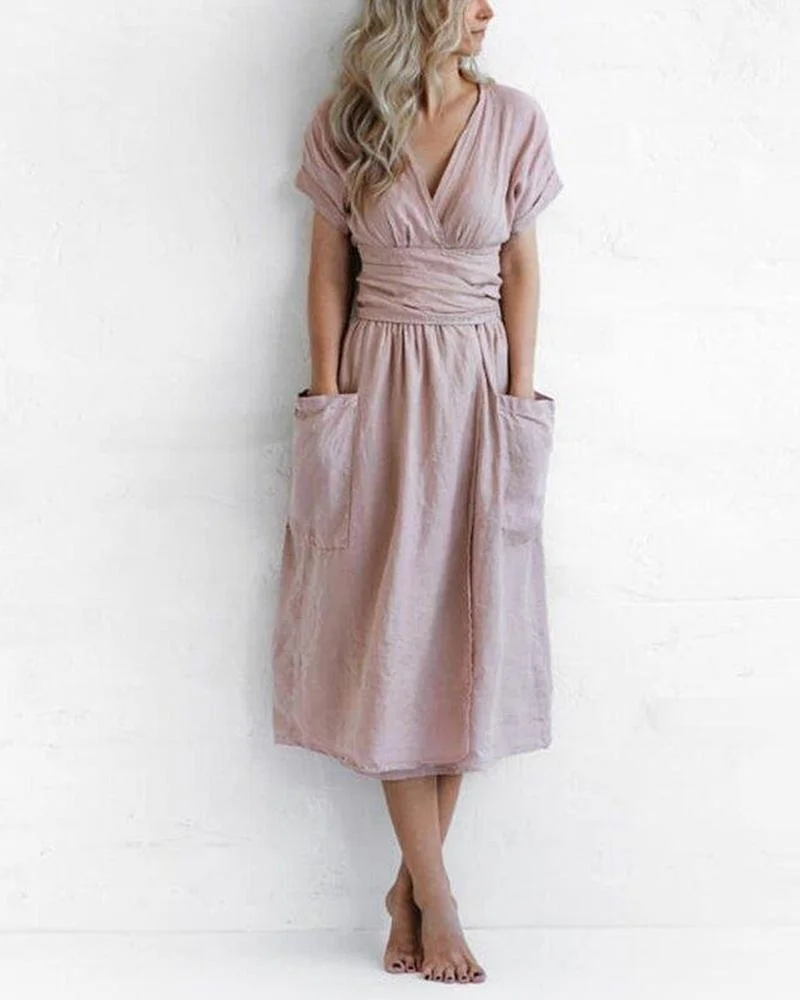 Casual Solid Color Short Sleeve Cotton Linen Dress