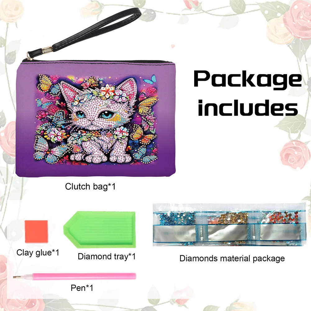 DIY Butterfly Cat PU Partial Special Shaped Diamond Painting Wallet Makeup Bag