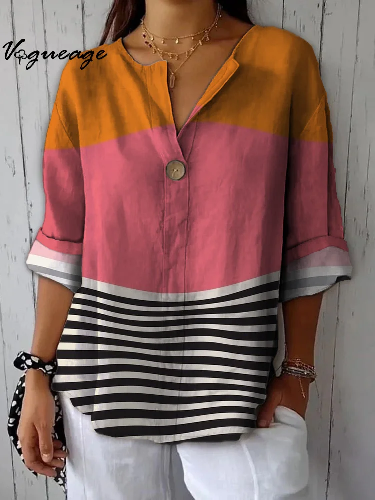 Pink and orange patchwork stripes Women Printed Shirt