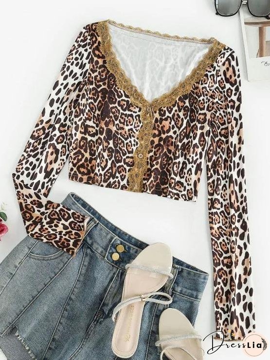 Button Up Lace Trim Leopard Tee