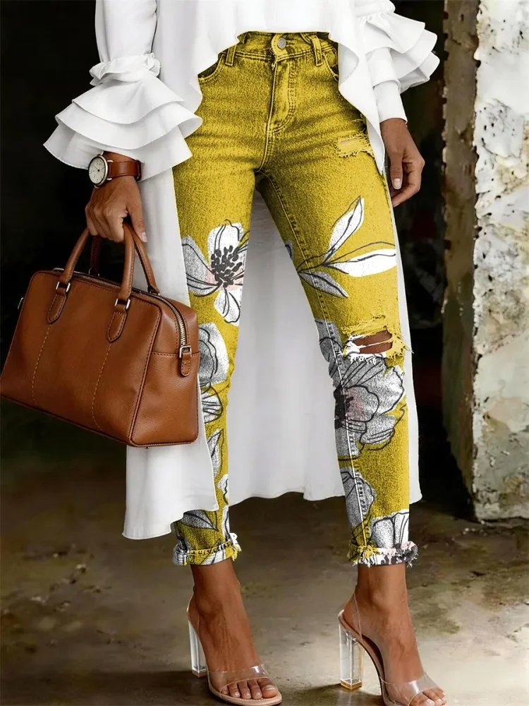 Women's Fashion Casual Multicolor Flowers Art Print Ripped Skinny Jeans