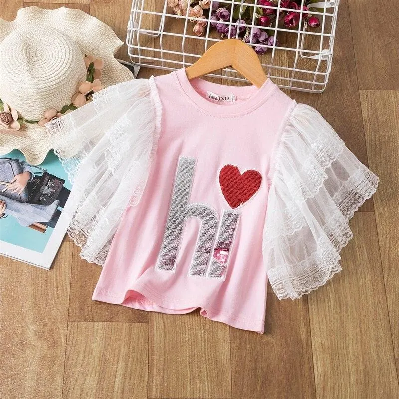 Girls T-shirts Short Sleeve Flamingo Unicorn Print Tops for Baby Girl Summer Clothes Sequins Tshirt 3-8Yrs Kids Tees for Girls