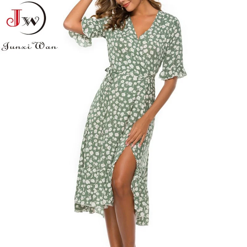 Vintage Floral Printing Women Summer Chiffon Dress 2022 Fashion Casual Elegant Ruffles Short Sleeve Split Boho Beach Sundress