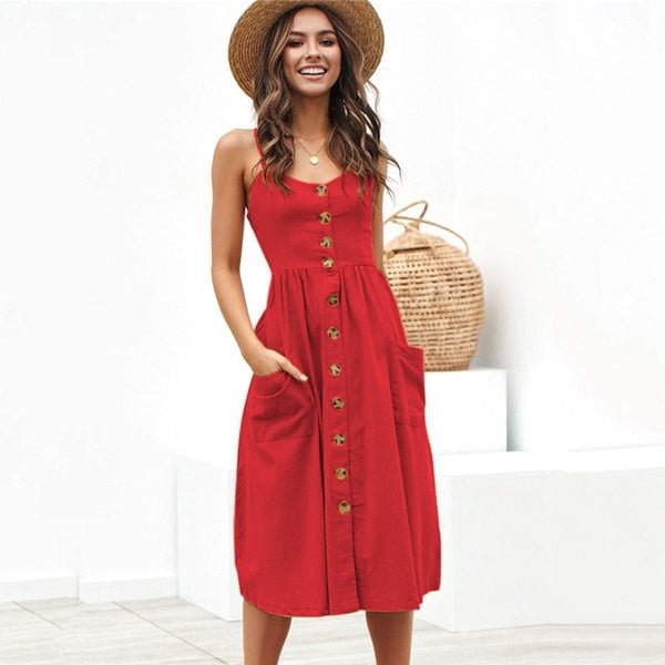Fashion Women Dress Summer Sexy Sleeveless Button Backless Dresses 2022 Casual Red Pockets Plus Size Beach Sundress Vestidos