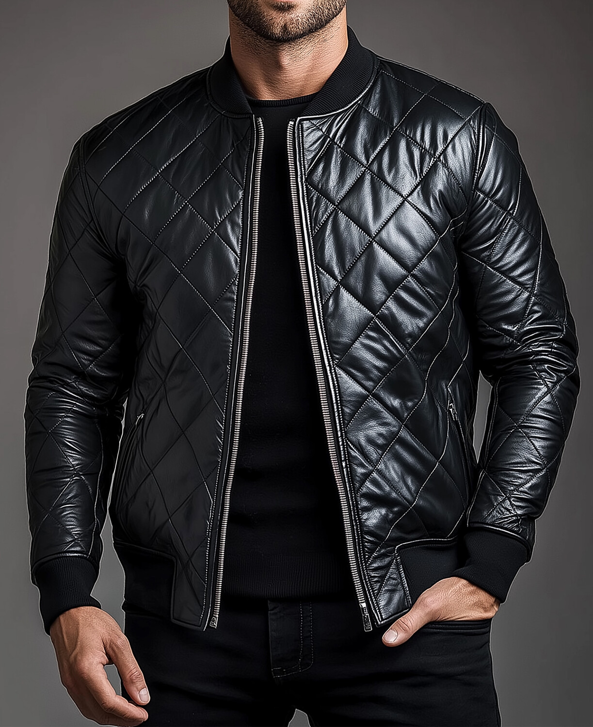 Okaywear PU Leather Zipper Quilted Bomber Jacket