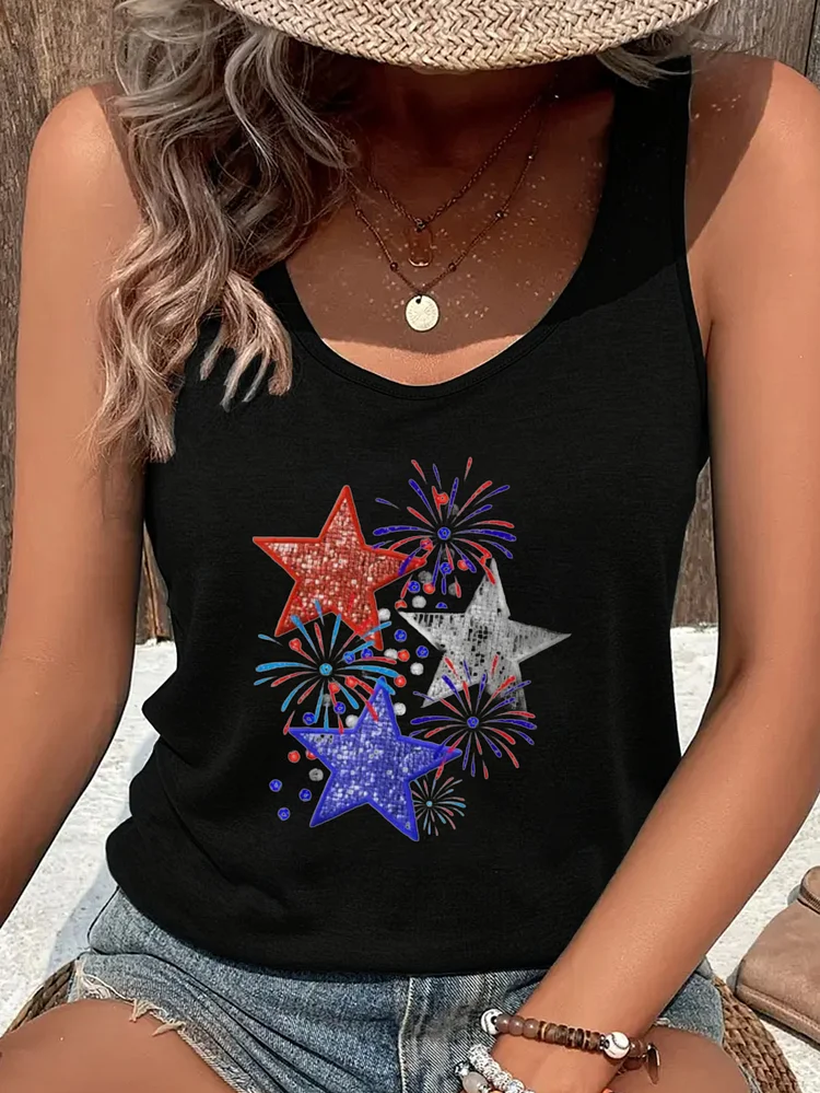 Patriotic Star Fireworks Print Sleeveless Tank Top For Women - Festive 4th Of July Casual Wear | Summer Fashion | Ladies Vest