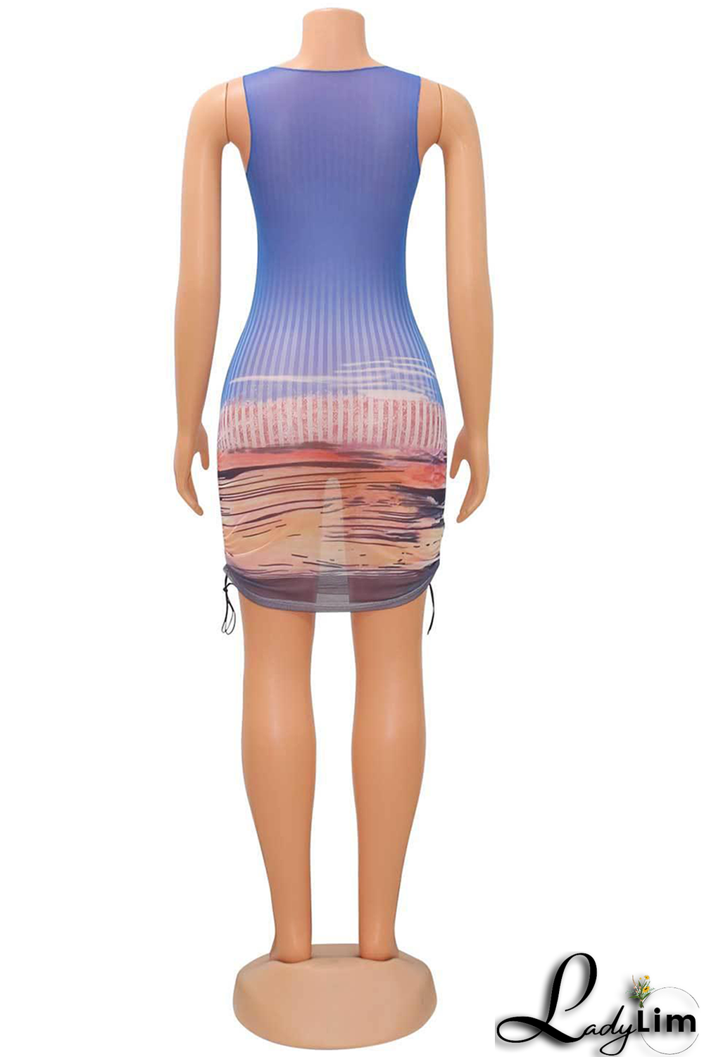 Blue Sexy Print Patchwork O Neck Pencil Skirt Dresses