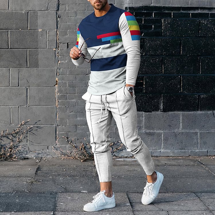BrosWear Color Block Contrast Long Sleeve T-Shirt And Pants Two Piece Set