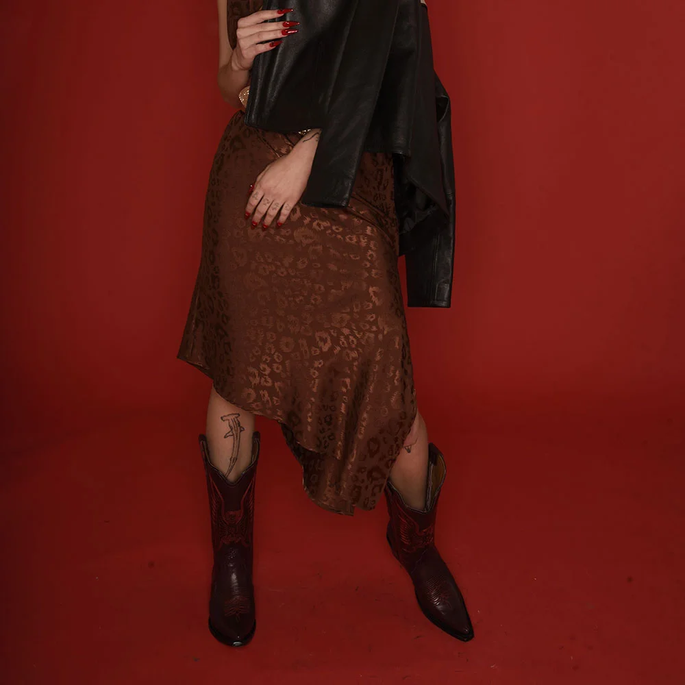 Burgundy Eagle Embroidery Chunky Heel Cowboy Boots for Women