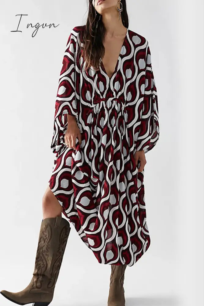 Ingvn - Vintage Vacation Geometric Print Contrast Swimwears Cover Up Burgundy / One Size