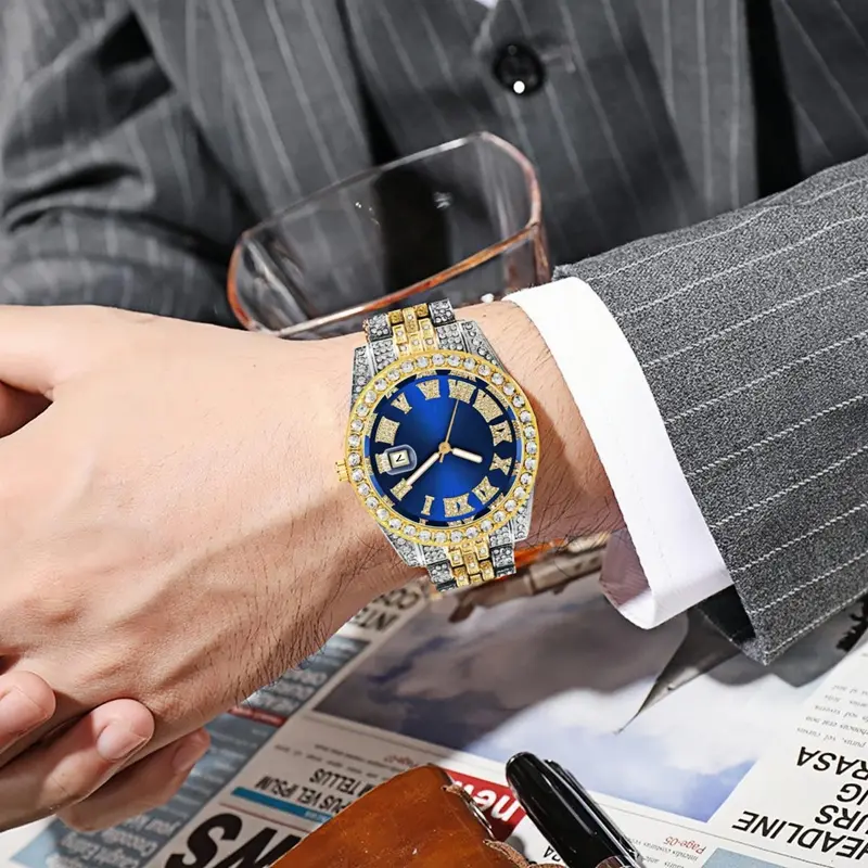 Product Introduction of 【Men's fashion must-have】European and American style hip-hop steel strap watch | Roman scale diamond calendar quartz watch | Red/green/blue/gold multi-color options | Luxury fashion men's watch | Fashionable men's outfit artifact 26