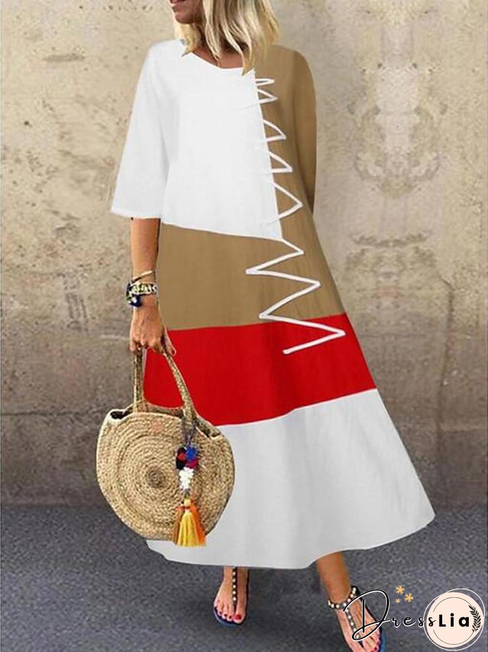 Women's Swing Dress Maxi long Dress Half Sleeve Color Block Patchwork Summer Hot Casual Cotton White Red Khaki Gray M L XL XXL 3XL 4XL 5XL White Dresses