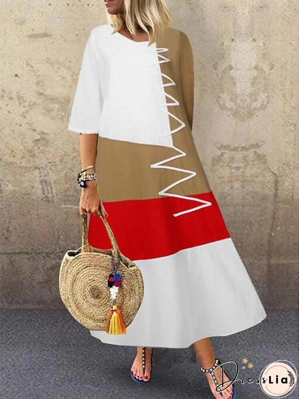 Women's Swing Dress Maxi long Dress Half Sleeve Color Block Patchwork Summer Hot Casual Cotton White Red Khaki Gray M L XL XXL 3XL 4XL 5XL White Dresses
