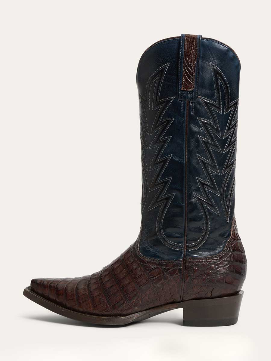 Navy & Brown Croco Embossed Embroidered Cowgirl Boots with Snip Toe