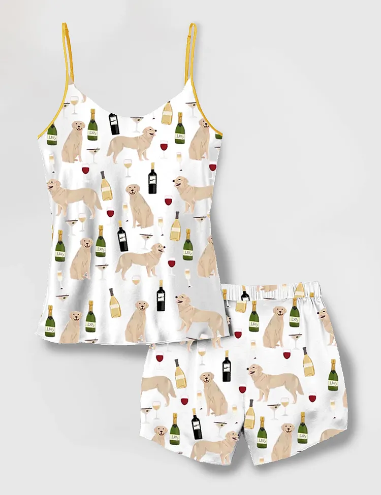  Women's Golden Retriever And Wine Camisole Satin Pajama Set 