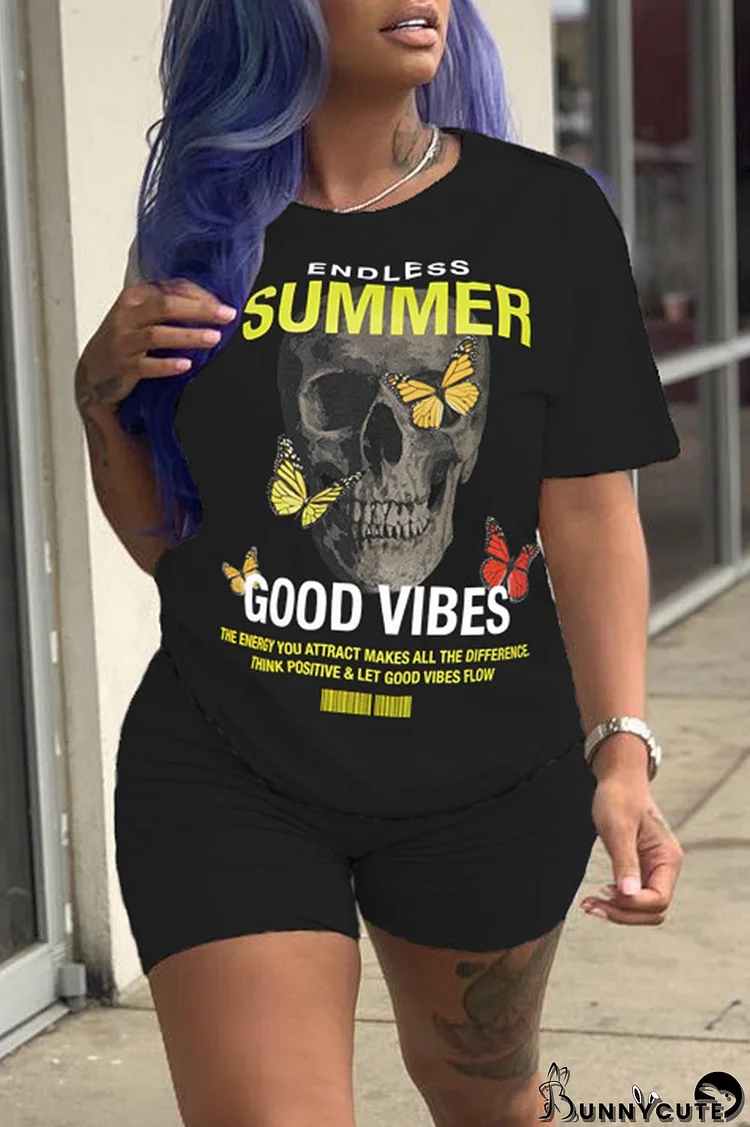 Black Yellow Casual Print Basic O Neck Short Sleeve Two Pieces