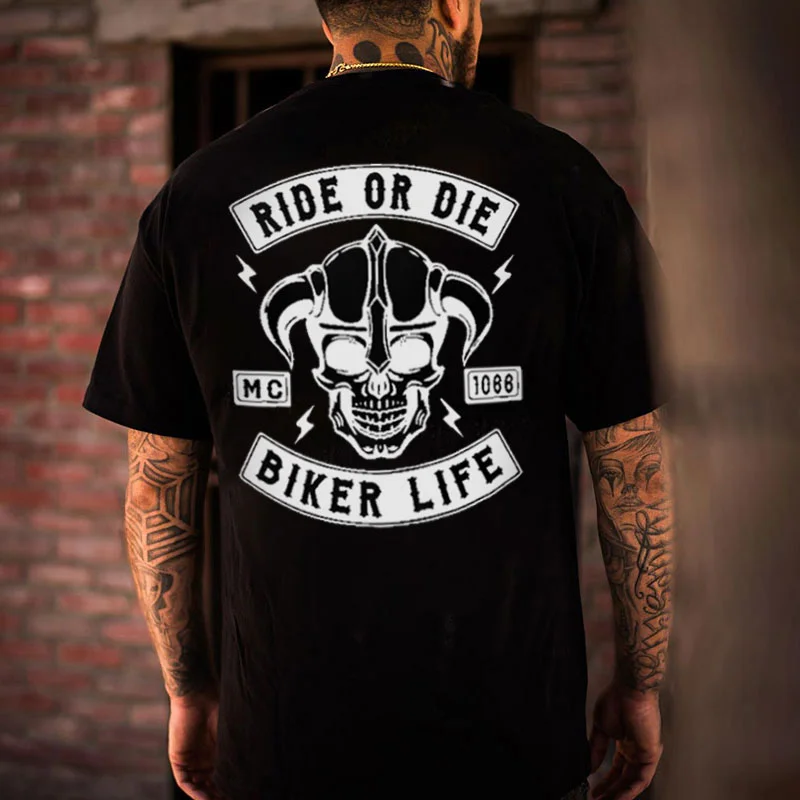 RIDE OR DIE BIKER LIFE Helmet Skull Print Men's T-shirt