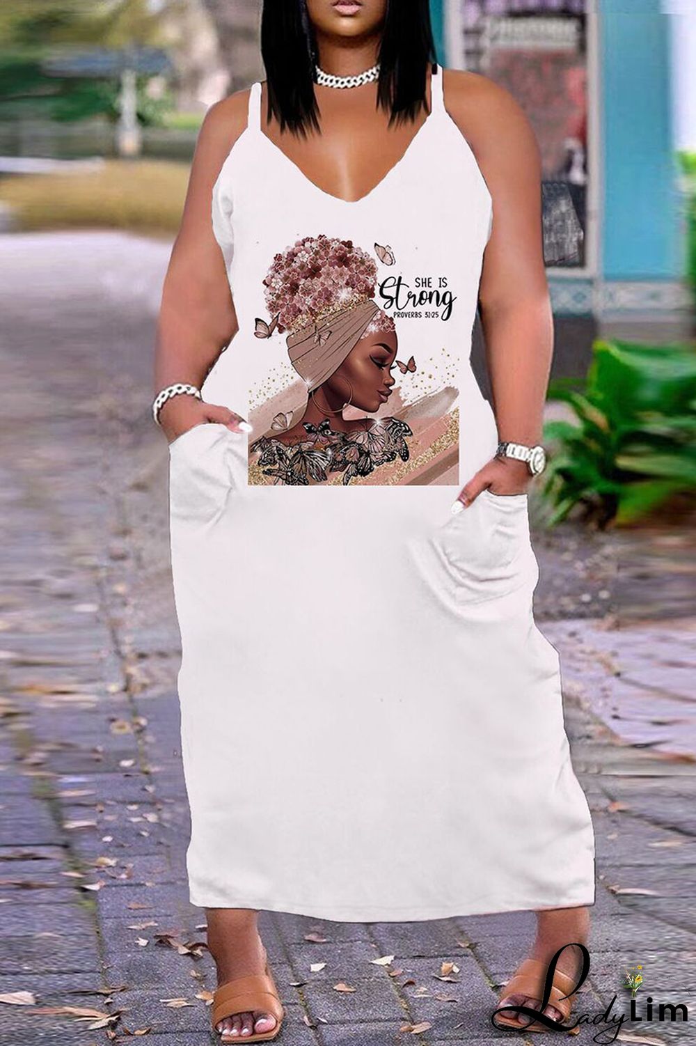 White Orange Sexy Casual Plus Size Print Backless V Neck Sling Dress