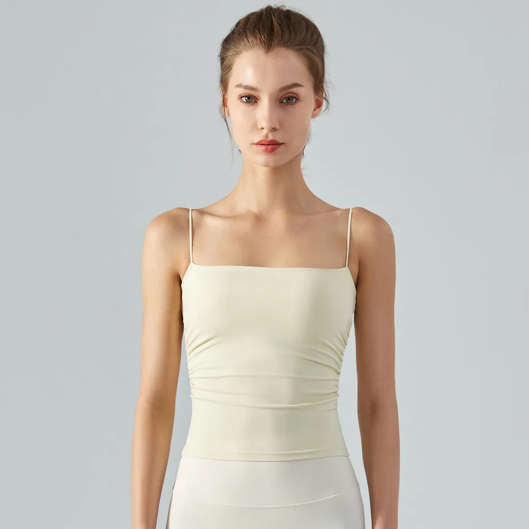 Hergymclothing Light Yellow women's high support ruched sides square neck nature skin friendly soft running vest with built in removable pads online shopping