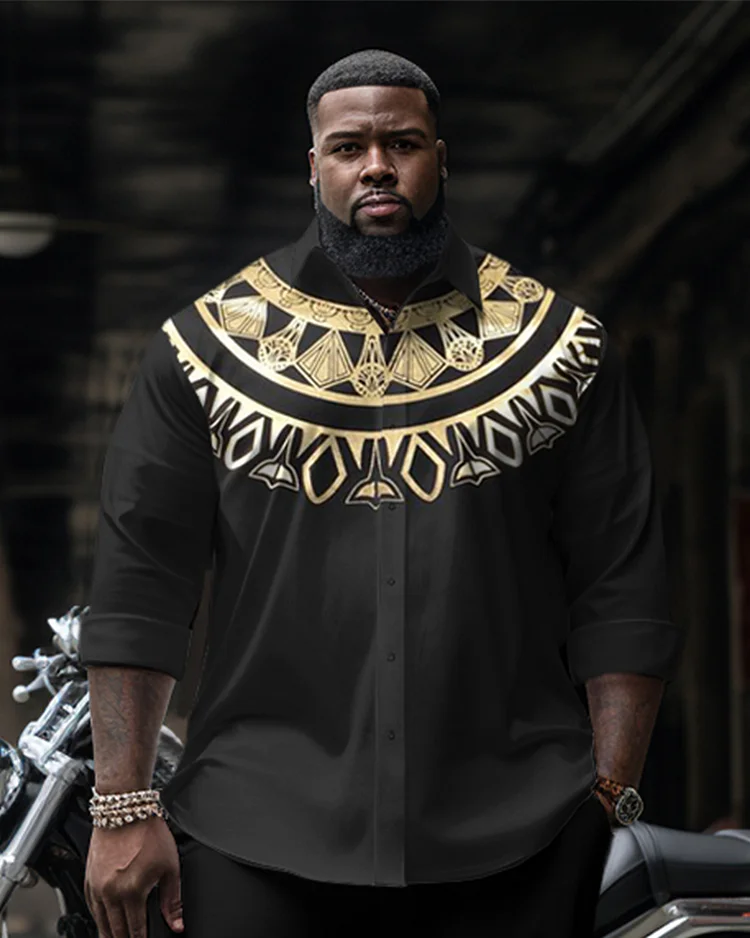 Men's Plus Size Ethnic Gold Diamond Long Sleeve Shirt Two-Piece Set