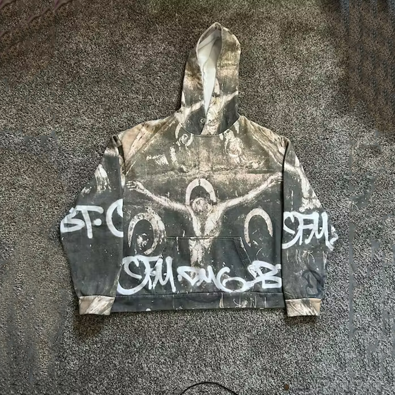 Vintage Relaxed Throw Crucifix Print Fleece-lined Hoodie