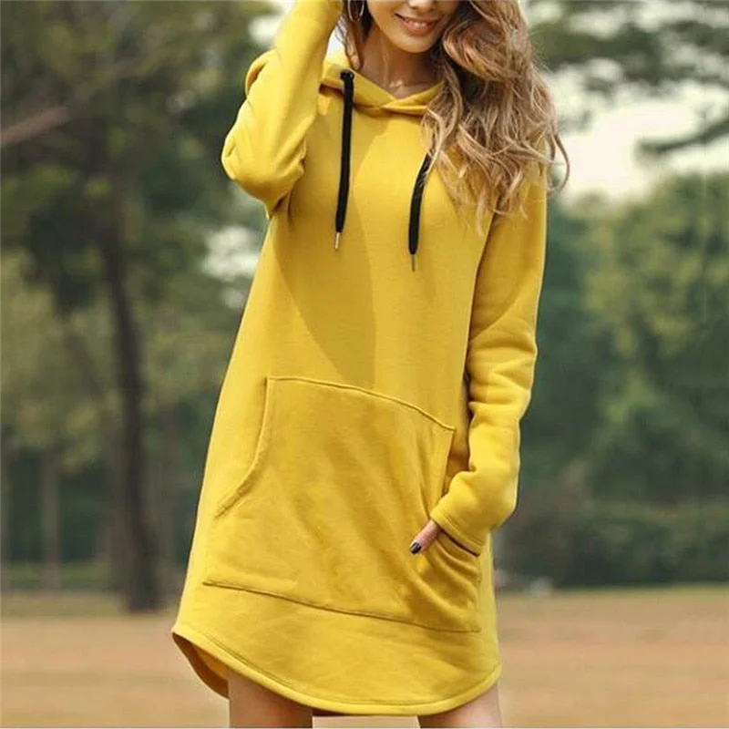 2021 Women's Solid Color Long Hoodies Fashion Girl's Loose Hoodies Dresses Korean Style Casual Long Sleeve Hooded Sweatshirts